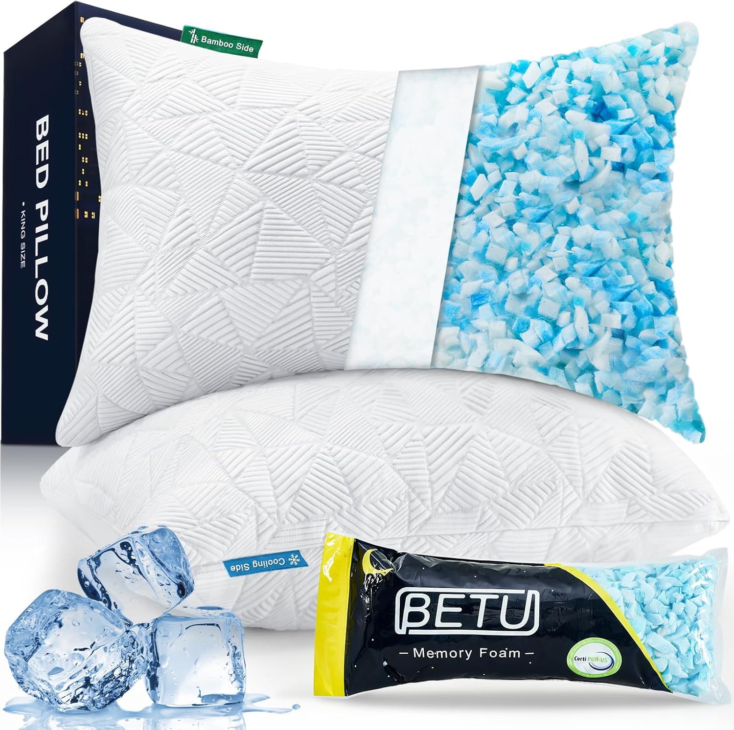 BETU Standard Pillow, Cooling Shredded Memory Foam Pillow for Hot Sleepers College Dorm Room Essentials, Adjustable Firm Gel Cool Pillow for Back Pain and Side Sleeping, Birthday Gifts for Boyfriend Dormly
