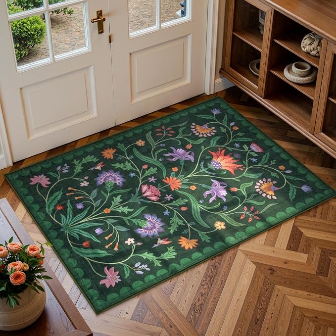 Lahome Boho Floral 2x3 Green Kitchen Rugs for Entryway, Washable Door Mat Indoor Entrance, Small Soft Non-Slip Indoor Carpet Throw Rugs for Bathroom Laundry(Forest Green,2x3)