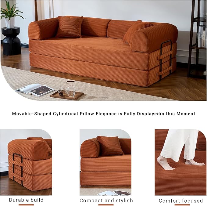 Compressed Sofa, Convertible Sofa Bed, Corduroy Compression Boneless Couch with Pillow, Comfy Modular Foldable Floor Sleeper Sofa for Bedroom, Living Room, Lounge, Studio (Orange)