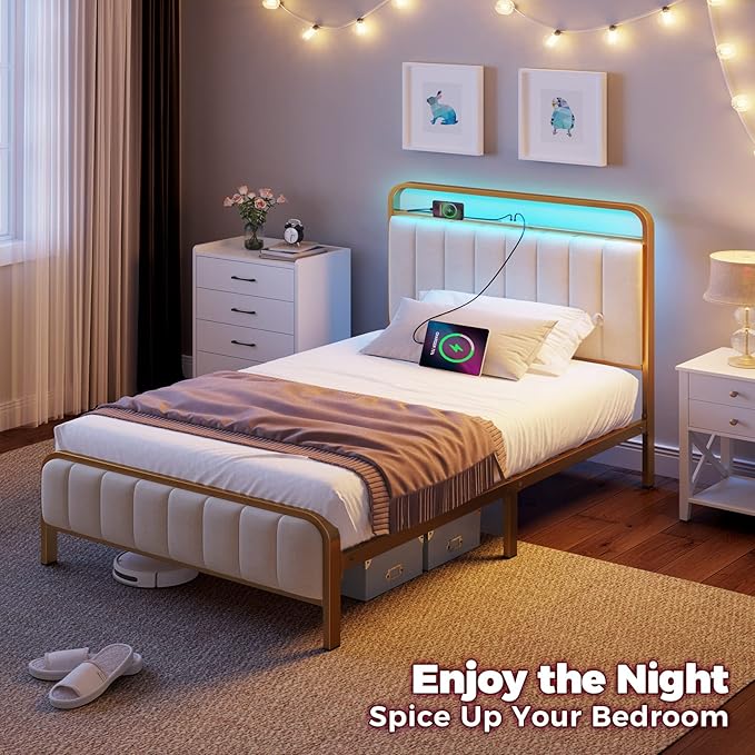 Rolanstar Twin Size Bed Frame with LED Light and Charging Station, Upholstered Headboard and Footboard, Metal Slat, Golden