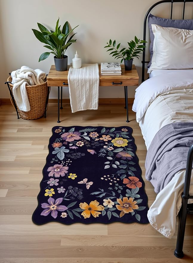Lahome Floral Entryway Rug, 2X3 Washable Kitchen Rug Non-Slip, Ultra-Thin Soft Door Mat Indoor Entrance Stain Resistant Boho Small Low-Pile Throw Carpet for Bathroom Bedroom(2x3ft,Purple)