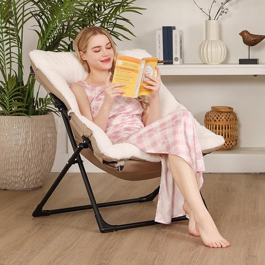 Comfy Saucer Chair for Adults, Soft Faux Fur Bedroom Chair, Accent Dorm Chairs, Flexible Living Room Reading Chairs, Oversized Folding Lounge Seat for Teens, X-Large, White