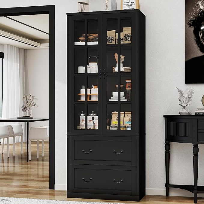 78.8" Tall Bookcase Display Storage Cabinet Hutch with Glass Doors & Drawers - Curio Display Bookshelf Kitchen Pantry for Home, Kitchen, Living Room.