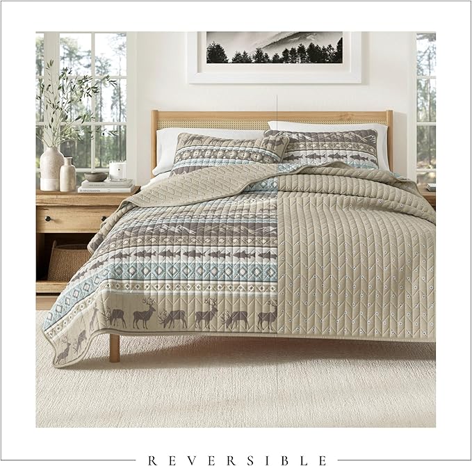 Great Bay Home 3-Piece Reversible Rustic Lodge Bedspread Quilt with 2 Shams. All-Season Quilt Set. (King, Yosemite)