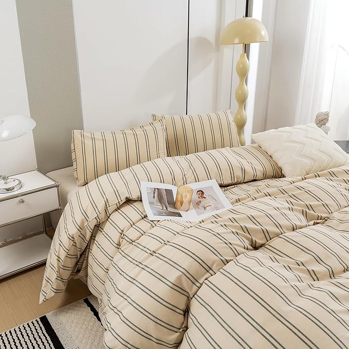 ECOCOTT Duvet Cover California King Size - Linen Feel Organic Natural 100% Washed Cotton, Soft Breathable & Durable Bedding Set, Comfy Stripe Design for All Seasons
