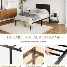 SHA CERLIN Twin Size Metal Platform Bed Frame, PU Leather Upholstered Button Tufted Headboard, Mattress Foundation with 12.4” Under-Bed Storage, Noise-Free, Easy Assembly, No Box Spring Needed, Black