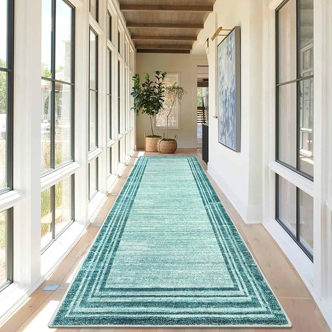 Lahome Modern Abstract Runner Rug, 2.5x10 Teal Long Kitchen Runner Non Skid Washablel Rug Runners for Hallways, Low Pile Soft Entryway Rug Indoor Floor Carpet Runner 10ft for Bedroom Laundry