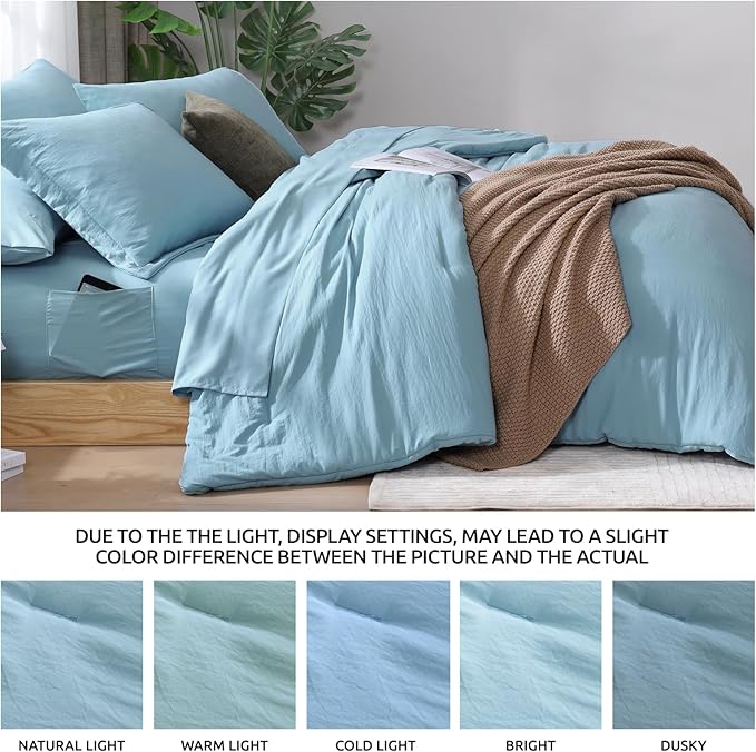WRENSONGE Queen Comforter Set, 7 Pieces Soft Blue Bed in a Bag Queen with Fitted Sheet, Flat Sheet, 2 Pillow Shams, and 2 Pillowcases- Warm Bedding Sets for All Season