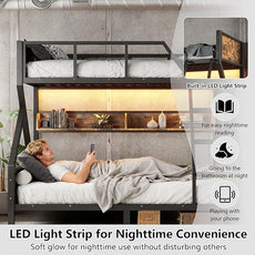 Twin over Full Bunk Bed with Storage Shelves, Metal Bunk Beds with Ladders and Lights, Heavy-duty Bunkbed for Bedrooms, Guest Rooms and Dorms, No Box Spring Needed and Noise-free Design, Woodgrain