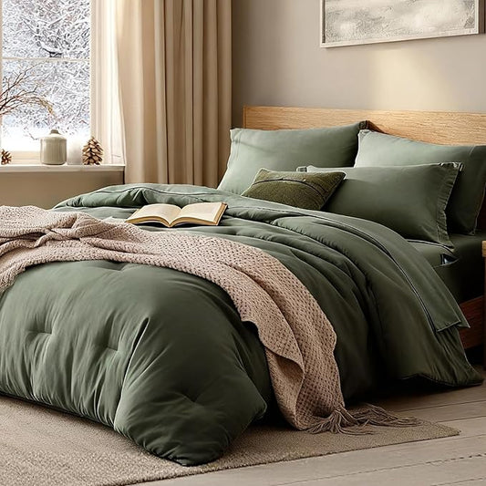 WRENSONGE Oversized Queen Comforter Set - 7 Pieces Olive Green Bed in a Bag Queen with Sheets, 2 Pillow Shams, and 2 Pillowcases- Warm Bedding Sets Queen for All Season