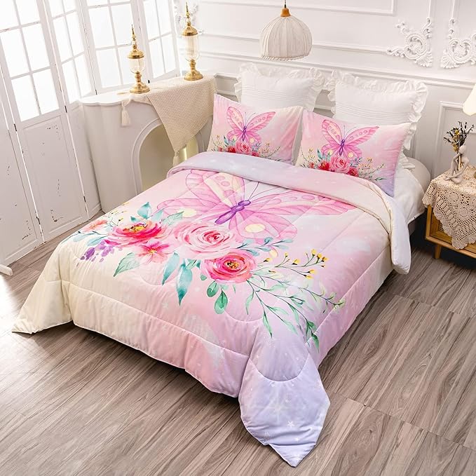 CVHOUSE Butterfly Comforter Set King for Girls Women - 3 Piece Bedding Set With 1 Comforter and 2 Pillowcases - Butterflies Bedspread, Duvet, Quilt Set