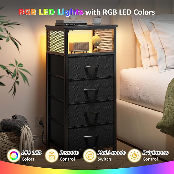 EnHomee Black Nightstand Set of 2,Night Stand with Charging Station & LED, Bedside Table with Fabric Drawers and Storage Shelf, Sturdy Steel Frame, Wood Top, Cloth Bags, Hooks, Black