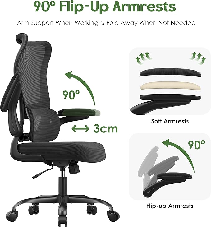Office Chair Ergonomic Desk Chair - Comfy Mesh High Back Office Chair with Lumbar Support Wheel Home Desk Office Chairs Flip up Armrest Executive Rolling Swivel Task Computer Chair Black Silver