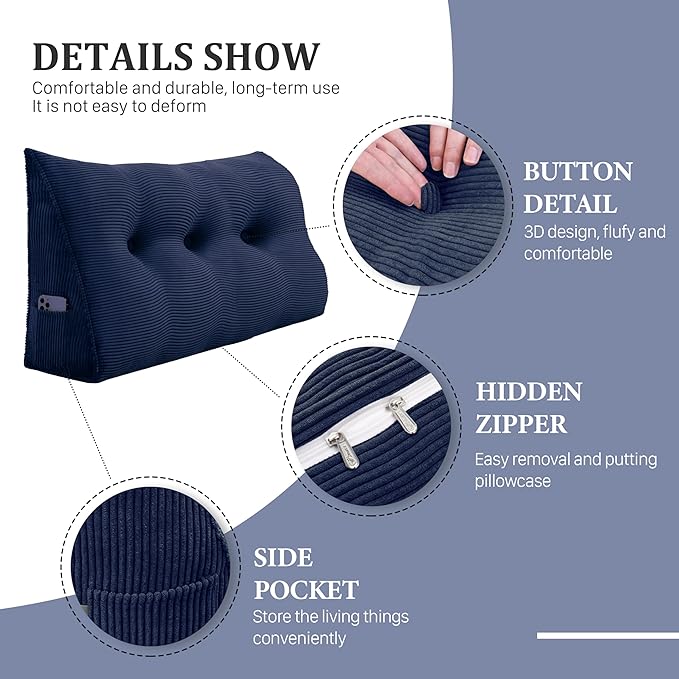 11 lbs Thickened Wedge Pillow Headboard Body Positioner Triangular Reading Pillow Bed Bolster Pillow for Sitting in Bedwith Removable Cover Gift for Mom Backrest Cordury Blue Queen