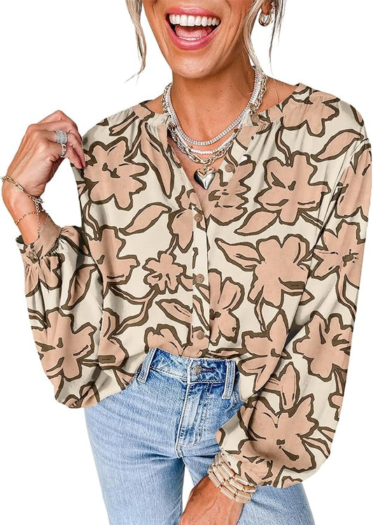 Astylish Womens 2026 Boho Floral Loose Spring Summer Tops Lantern Sleeve Flowy Blouses V Neck Button Down Shirts