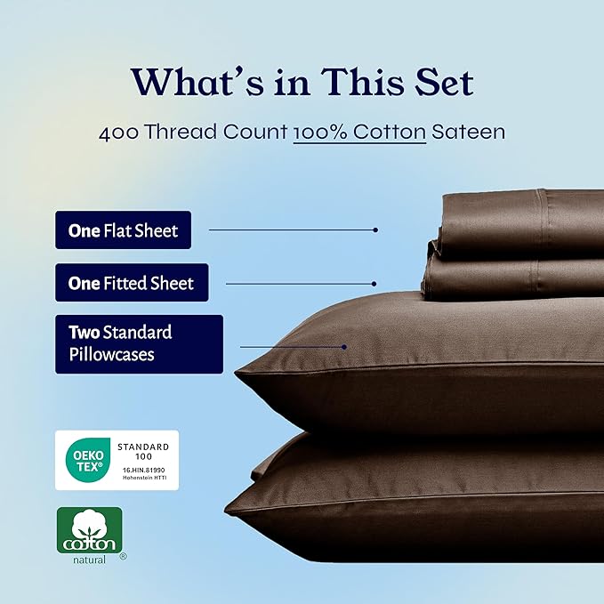 California Design Den Full Size Bed Sheets Set - Soft 400 Thread Count Sateen, Natural 100% Cotton Sheets with Deep Pockets, Breathable, and Durable Bedding Set - Espresso Chocolate Brown CaliforniaDesignDen