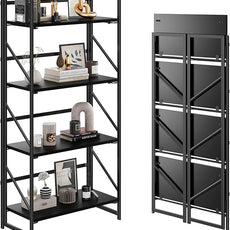 JSB No Assembly Folding Bookshelf, 4 Tier Industrial Metal Book Shelf for Storage, Vintage Wood Foldable Bookcase for Living Room, Bedroom, Office Organization Shelves