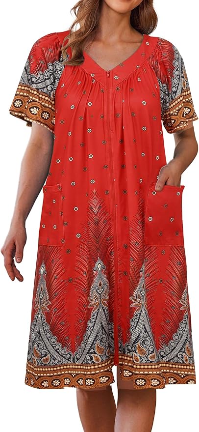 Ekouaer Women Robe Zipper Front Mumu Duster Robes Zip Up Housecoat Soft Sleepwear with Pockets