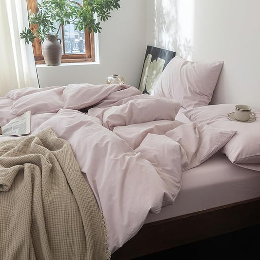 FOSSA Duvet Cover Set 100% Washed Cotton Linen Feel Super Soft Breathable Cozy 3 Pieces Bedding Sets Solid Greyish Pink Oversized King Plus