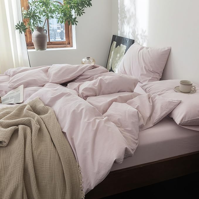 FOSSA Duvet Cover Set 100% Washed Cotton Linen Feel Super Soft Breathable Cozy 3 Pieces Bedding Sets Solid Greyish Pink Super King Plus