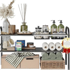 NETEL Under Sink Organizers and Storage, 2 Tier Expandable Under Cabinet Organizer Shelf with 2 Baskets and 6 Panels, Expandable Shelf for Cupboard, Kitchen, Bathroom, Shoe Storage Rack