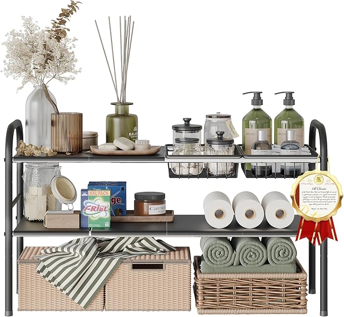 NETEL Under Sink Organizers and Storage, 2 Tier Expandable Under Cabinet Organizer Shelf with 2 Baskets and 6 Panels, Expandable Shelf for Cupboard, Kitchen, Bathroom, Shoe Storage Rack