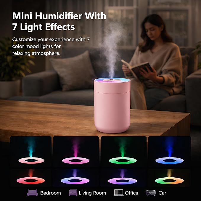 230ML Humidifier for Bedroom, Air Humidifier for Home, Plant Humidifiers Indoor Small with LED Colorful Gradient Light, USB Powered for Desk, Car, Travel, Hotel Room (Pink)