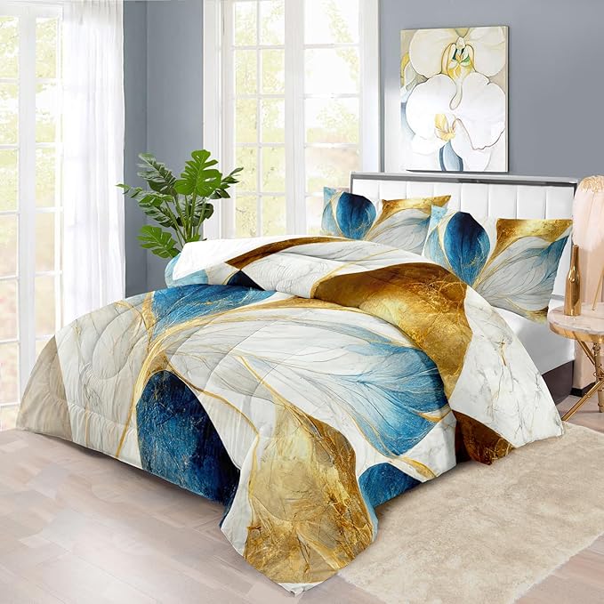 Vintage Floral Comforter Set Full Size Women,Marble Flower Bedding Set Full,Marble Blue Flower Bed Comforter,Blue and Gold Floral Quilt Bedroom Decor for Kids and Adults