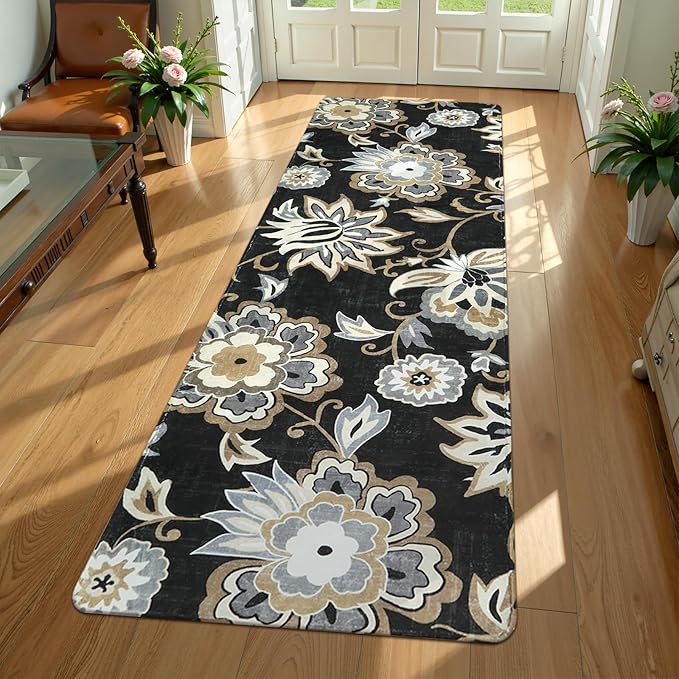Lahome Floral Washable Runner Rug - 2x6 Runners for Hallways Non-Slip Low-Pile Kitchen Rug, Black Paisley Print Carpet for Laundry Bedroom Entryway （(2’X 6’, Blacak)