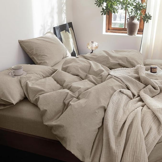 FOSSA Duvet Cover Set 100% Washed Cotton Linen Feel Super Soft Breathable Cozy 3 Pieces Bedding Sets Solid Tannish Linen Grey Super King Plus