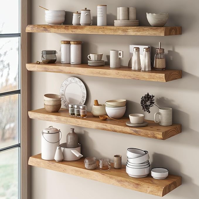 Live Edge Elm Floating Shelves for Wall Decor, Rustic Solid Wood Shevles Wall Mounted with Invisible Bracket for Living Room Bathroom Bedroom Kitchen, 36 Inch Set of 2, Natural