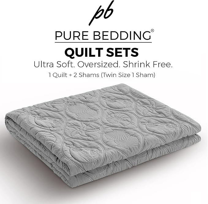 Pure Bedding Quilt Set Full/Queen Size Light Grey - Oversized Bedspread, Soft Microfiber Coverlet for All Season - Includes 1 Quilt and 2 Shams, Ocean Star Pattern