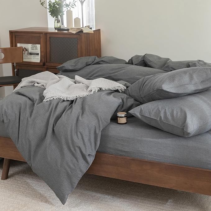 FOSSA Duvet Cover Set 100% Washed Cotton Linen Feel Super Soft Breathable Cozy 3 Pieces Bedding Sets Solid Dark Grey Oversized King