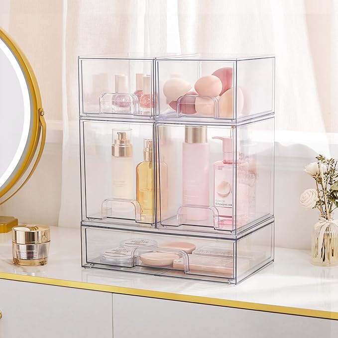 Vtopmart Clear Stackable Storage Drawers Set of 4, Plastic Organizer Bins for Makeup, Cosmetics, Beauty Supplies,Ideal for Vanity, Bathroom,Cabinet,Pantry Organization