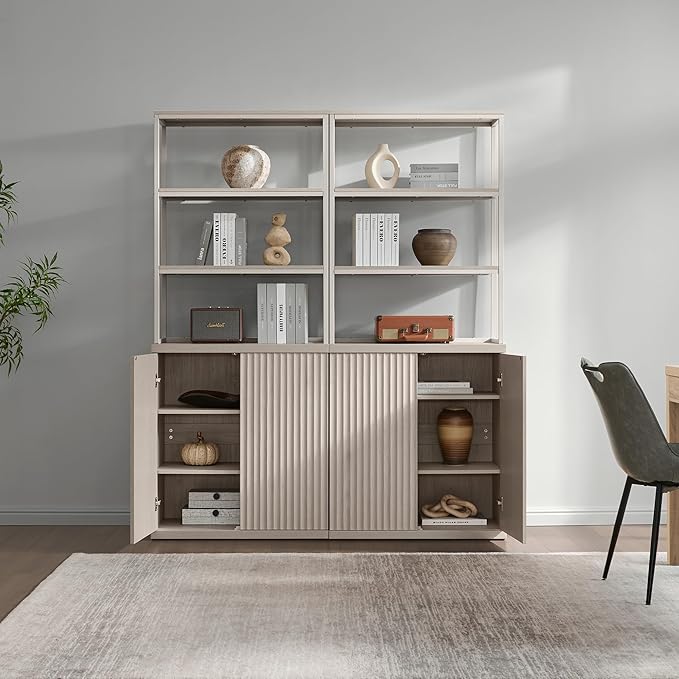 SICOTAS Book Shelf Fluted Bookshelf Cabinet - 75" Tall Bookcase 6 Tier Large Bookshelves with Door Storage Modern Triple Wide Book Shelves Case for Living Room Office Library, Metal Frame, White Alder