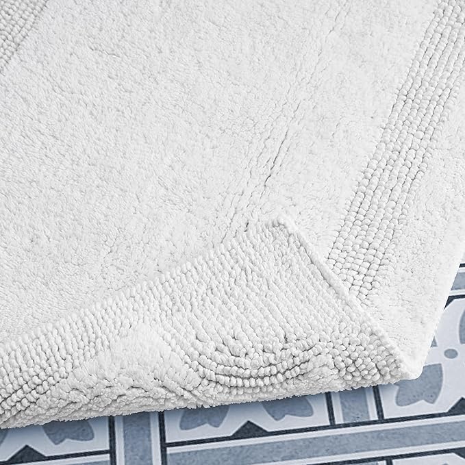 Laura Ashley - Reversible Cotton Bath Mat, Premium Bathroom Décor, Machine Washable Bathroom Rug, Highly Absorbent, 17"x24"/20"x32" 2-Piece Set, White