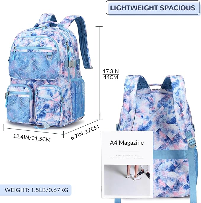 Lohol Multi-Pocket Backpack for Travel College, Heavy Duty Big Bookbag with 15.6 inch Laptop Compartment (Blue Pink Tie-Dye