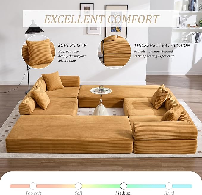 106" Oversized Convertible Sleeper Sofa Bed, Corduroy L Shape Sectional Couch, Folding Sofa Bed with Side Pocket, Modern Cloud Floor Mattress Couch, Modular Sofa for Living Room, Mustard Yellow