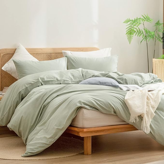 BESTOUCH Duvet Cover Set 100% Washed Cotton Linen Feel Super Soft Comfortable Chic Lightweight 2 PCs Home Bedding Set Solid Sage Green Twin/Twin XL