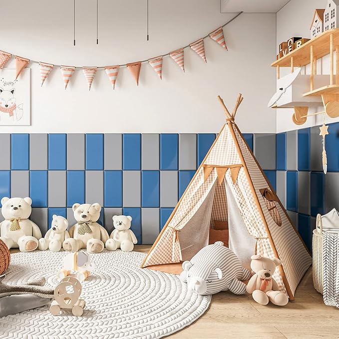 Peel and Stick Headboard Blue Upholstered Wall Panels Pack of 10 Panels 3D Anti-Collision Wall Padding Wall Mounted headboard Soundproof Wall Panels