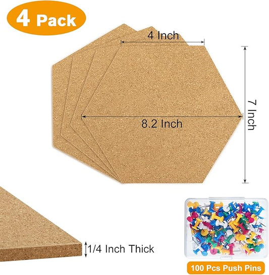 TUPARKA 4 Pack Cork Board Hexagon Bulletin Boards Cork Tiles 8.2"x7" - 1/4" Self-Adhesive Corkboards with 50 Push Pins Mini Wall for Wall Home School Office Decorative (4, 8.2''*7'')