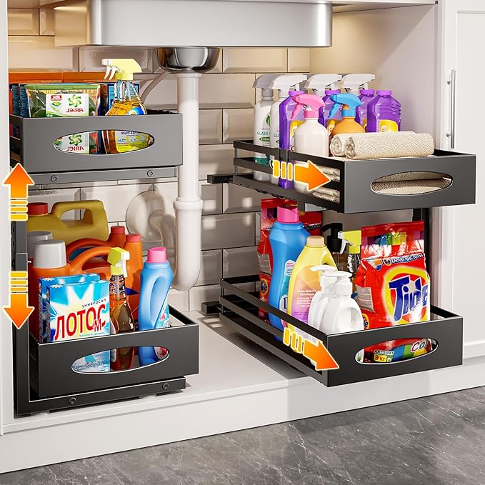Under Sink Organizer, 2 Tier Under Sink Organizers and Storage, Adjustable Height, Slide Out Metal Cabinet Organizers, Pull Out Cabinet Storage Drawer Shelf for Kitchen Bathroom