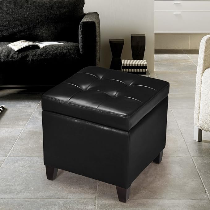 Black PU Leather Square Storage Ottoman Lift Top Footstool with Wood Legs, 18"x18"x18"