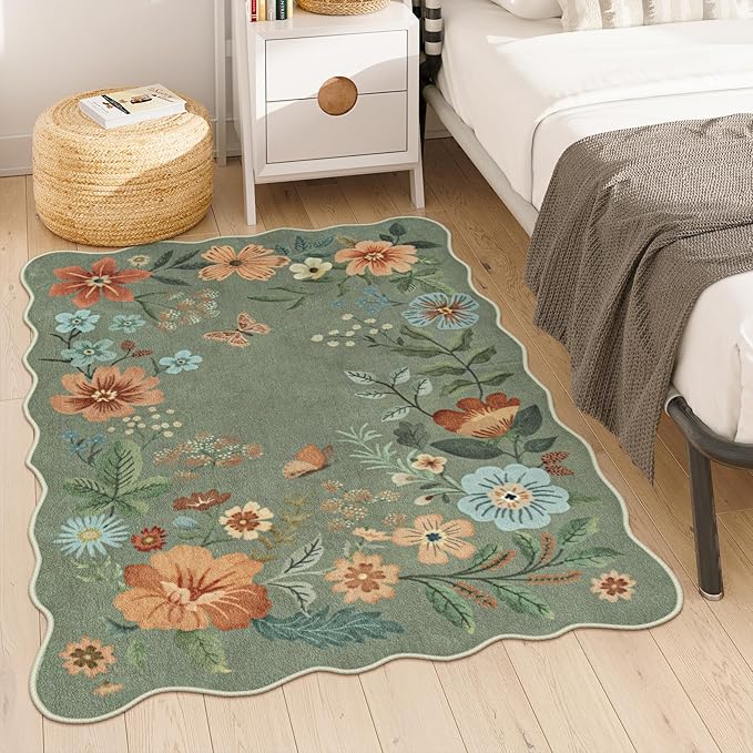 Lahome Floral Washable Rugs, 4X6 Rug for Bedroom Ultra-Thin Soft Dining Room Rug, Non-Slip Living Room Rugs Stain Resistant Boho Rug Lightweight Low-Pile Throw Rug for ‎Office (4x6ft,Green)