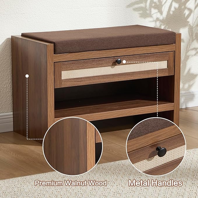Rattan Shoe Bench Entryway Bench with Storage Drawer and Linen Seat Cushion, Farmhouse Boho Shoe Rack Bench, Wooden Storage Bench for Entryway Hallway and Bedroom - Oak