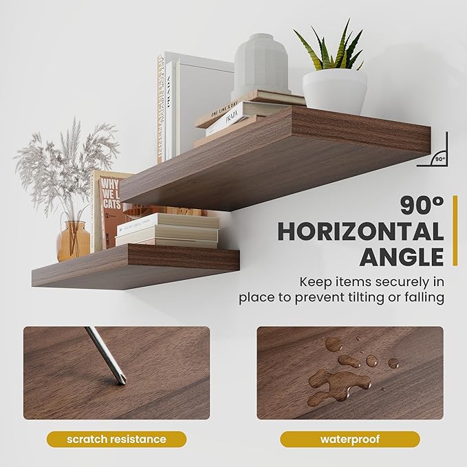 72 Inch Floating Shelves, 9.3" Deep Floating Shelf Wall Mounted, 72" Wall Shelves, Rustic Deep Bookshelf, Large Display Shelves & Storage Shelves for Bedroom, Living Room, Walnut, Set of 1