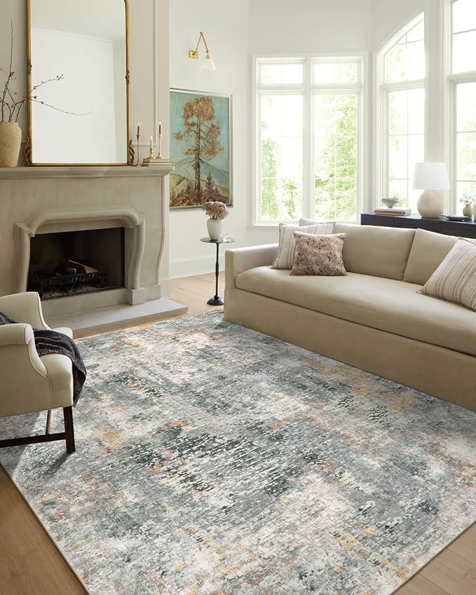 Lahome Washable 5x7 Area Rugs for Living Room, Grey Neutral Modern Abstract Rug for Bedroom Non Slip, Soft Contemporary Low Pile Indoor Carpet for Dorm Guest Dining Room Table Apartment