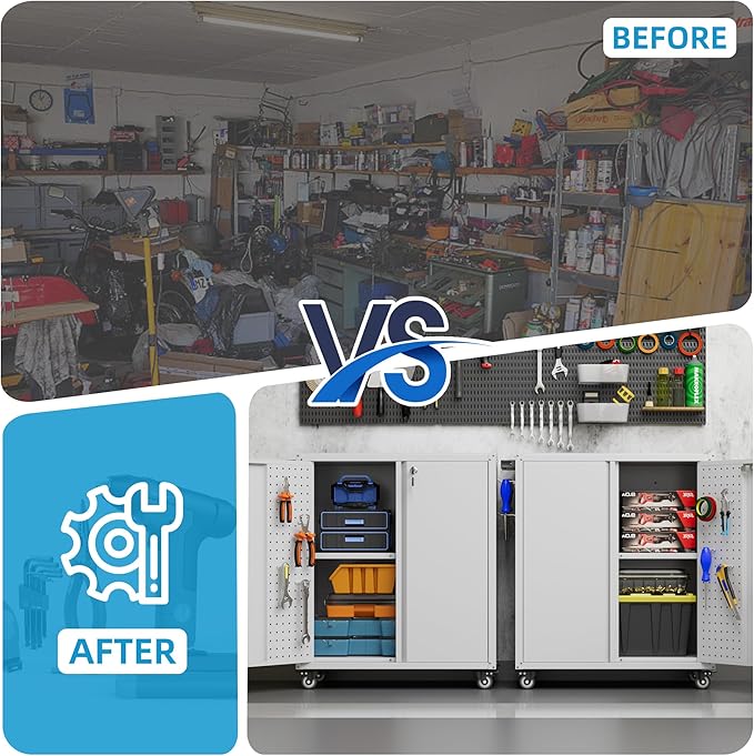 SUXXAN Metal Storage Cabinet with 2 Doors and 4 Hooks,34" H Top Workbench Mobile Tool Chests Garage Cabinets with 4 Wheels and Lock/Push Arm for Home,Office,Shop(White)