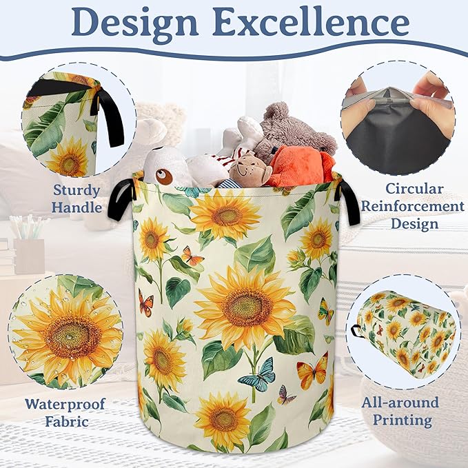 Vintage Sunflowers Laundry Hamper With Handle,Foldable Oxford Cloth Butterfly Flower FLaundry Basket,20.8"x16" Clothes Storage Basket for Laundry Room Bedroom Bathroom