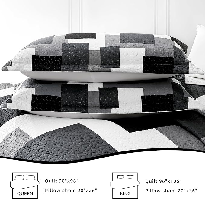 2 Piece Black Grey Quilt Set Twin Size Black White Gray Geometric Reversible Bedding Set Microfiber Lightweight Bedspread Coverlet with 1 Sham Modern Bed Covers for All Season, 68''x86''